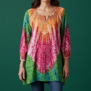 A LA CARTE Embroidered Beaded Tie Dye Eyelet Scoop Neck Festival Tunic